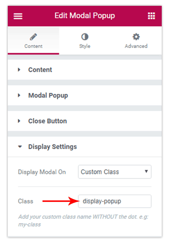 Add class to modal popup widget