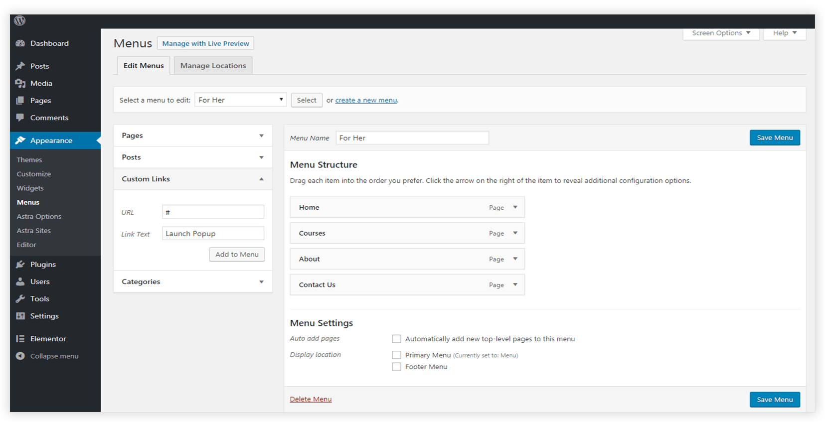 Create custom link menu item