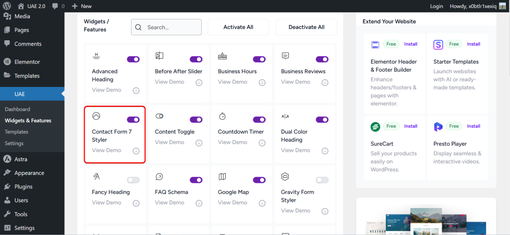 Enable UAE contact form 7 widget
