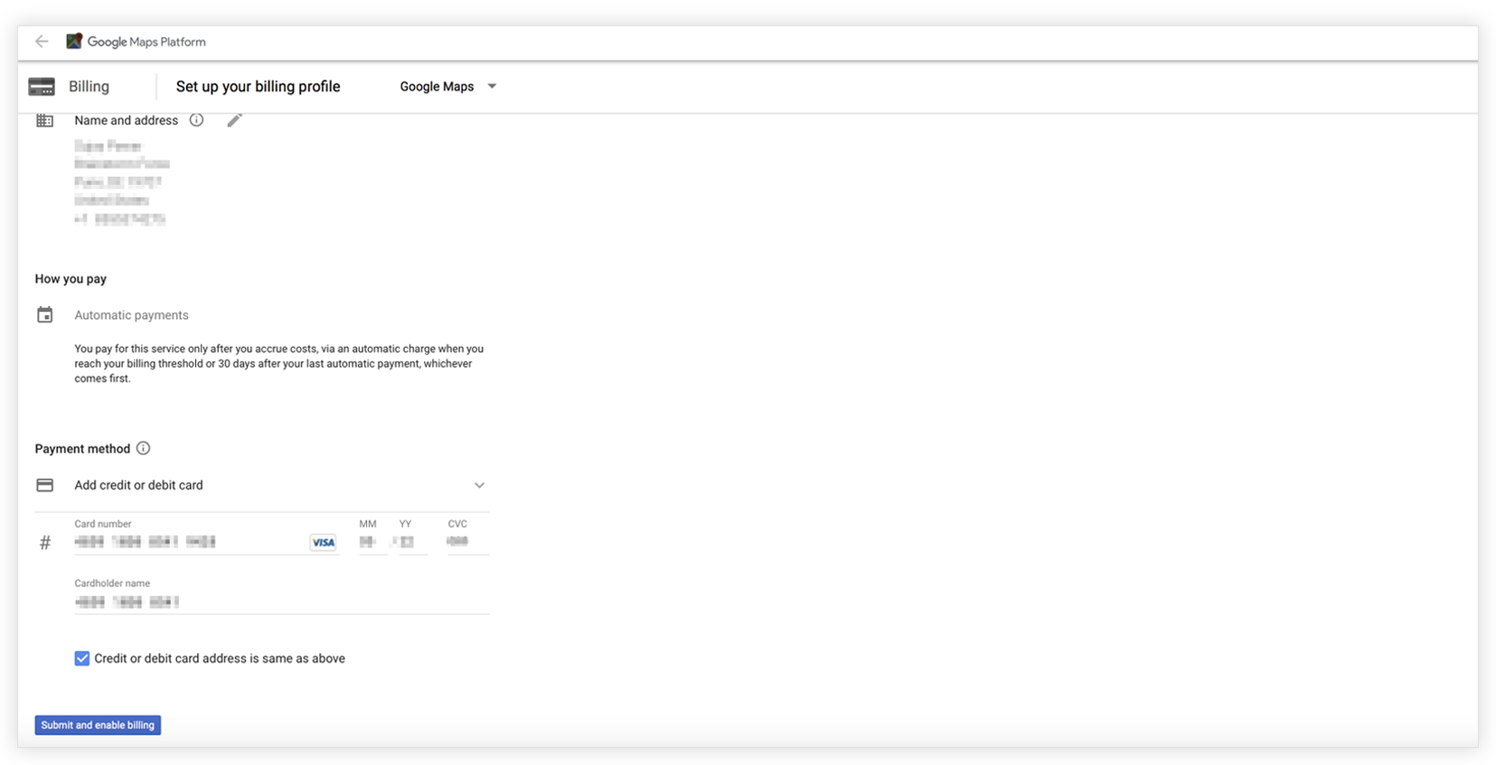 Setup google maps platform payment method
