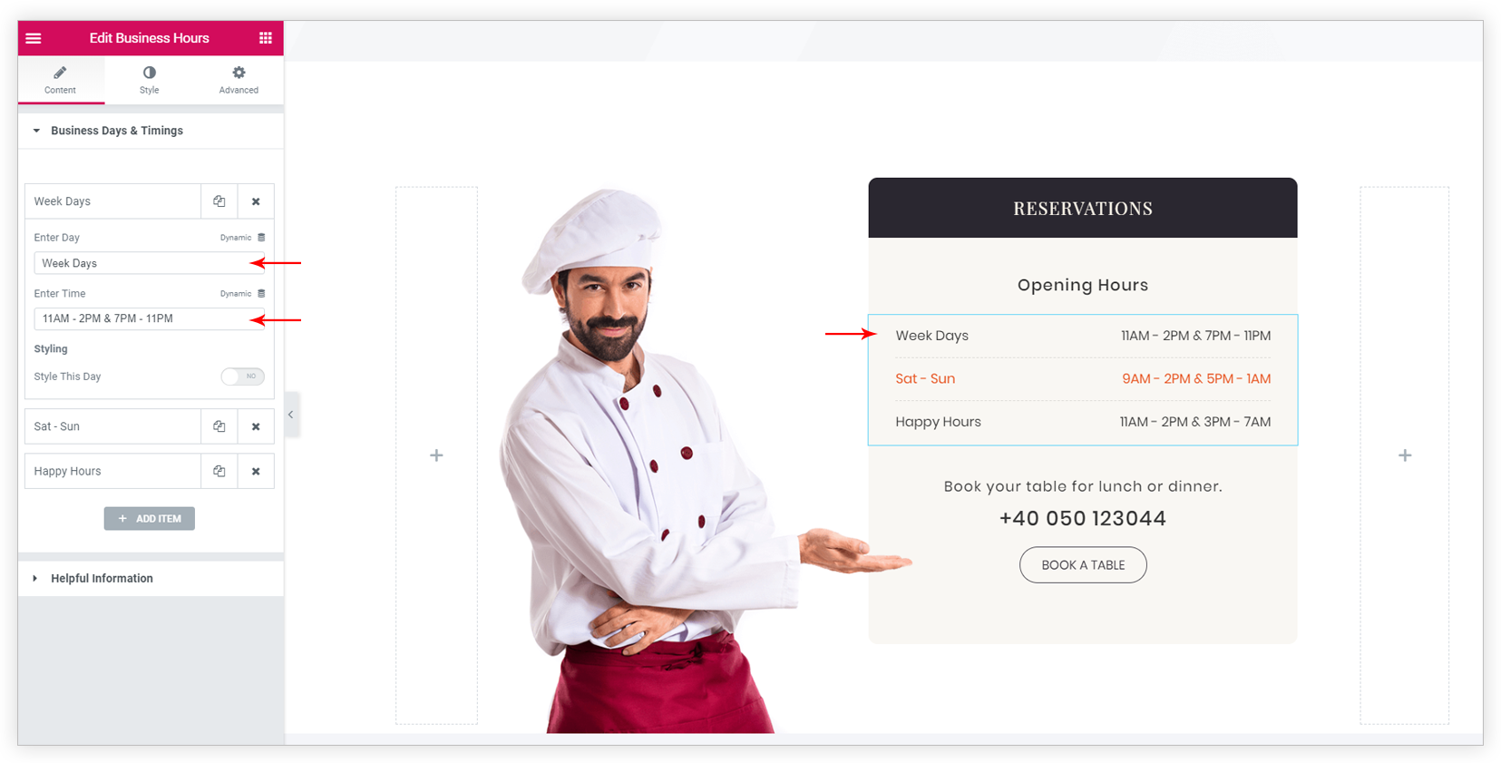 Business hours widget for Elementor