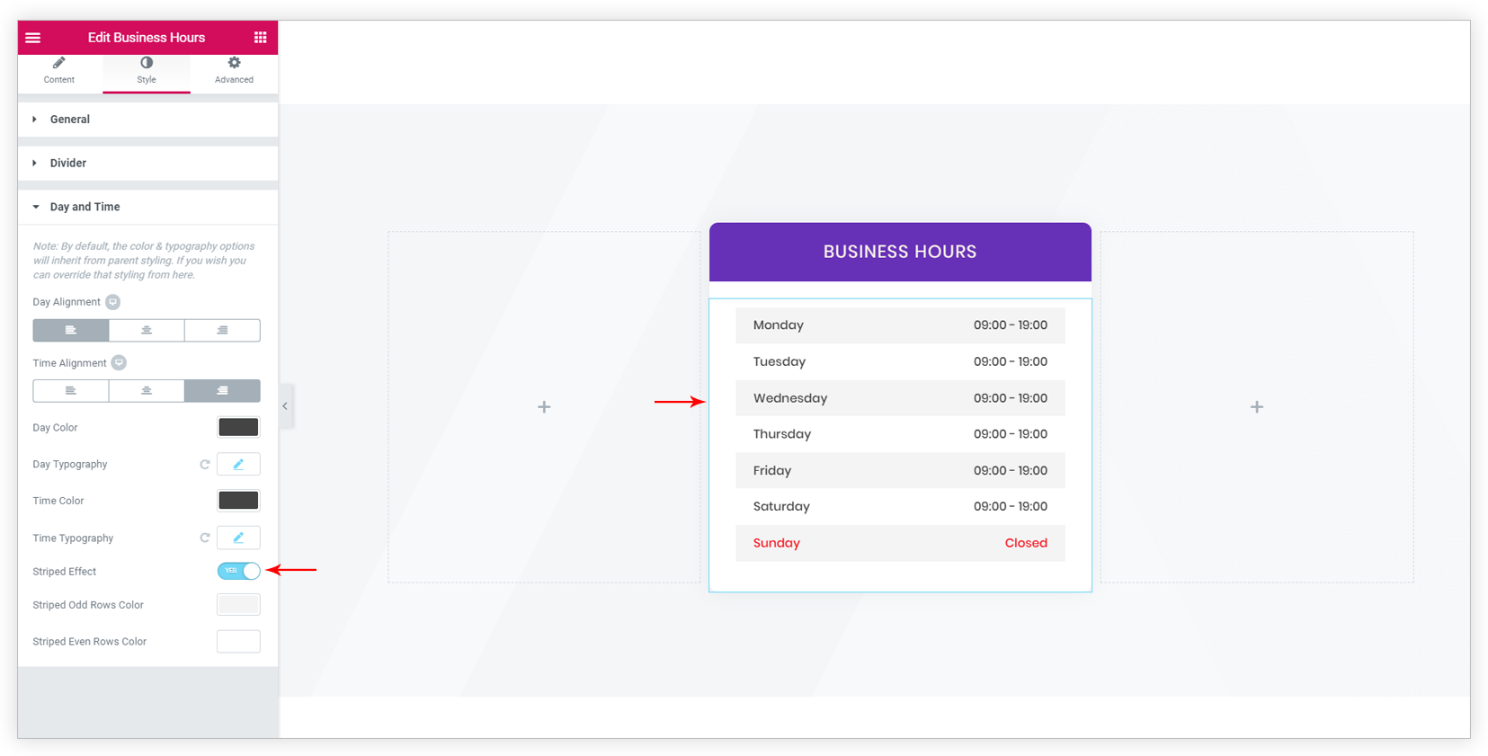 Business hours widget striped effect