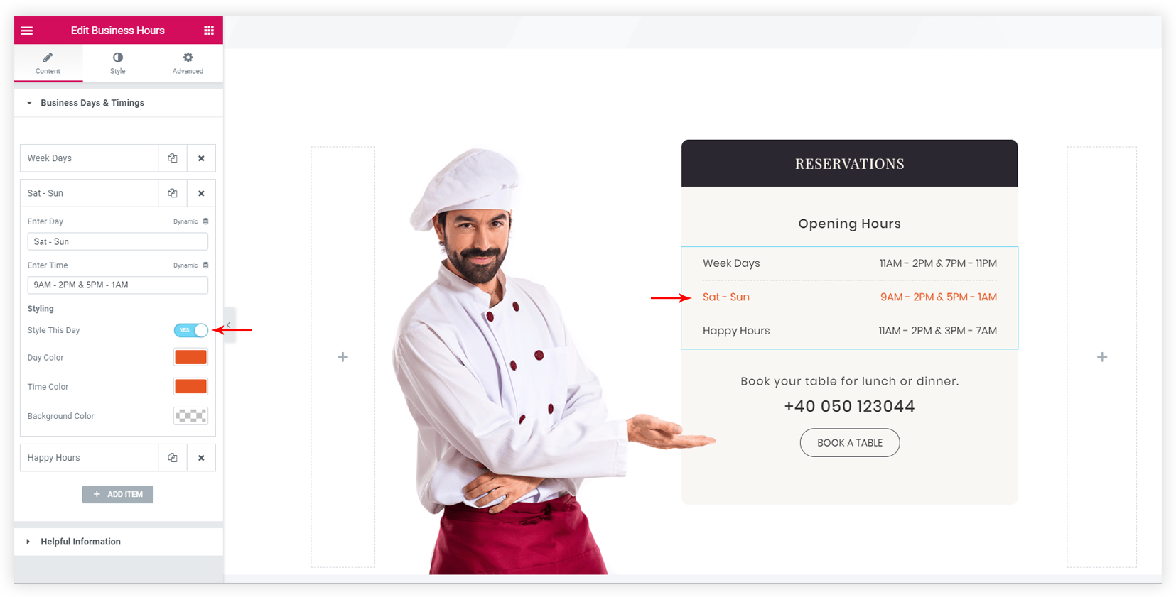 Business hours widget styling options