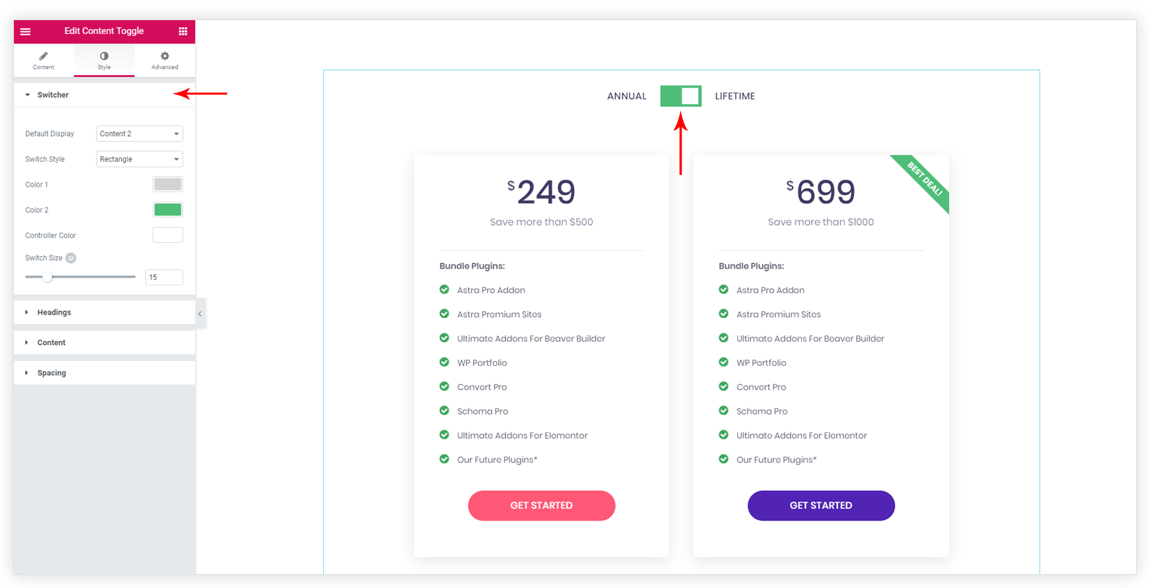 Content toggle widget for Elementor setting