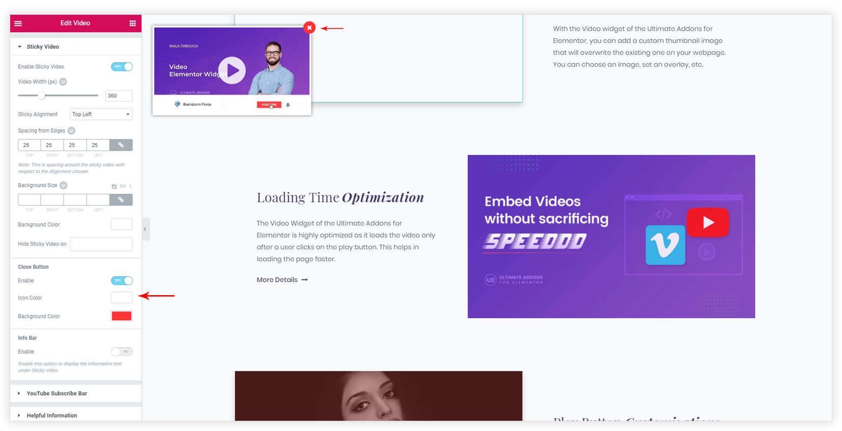 UAE sticky video close button