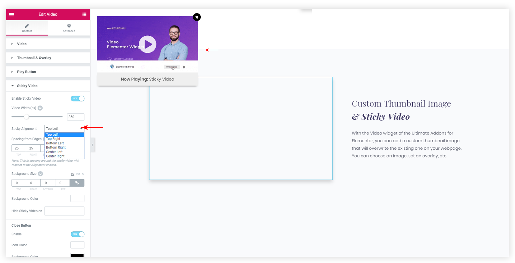 UAE sticky video settings