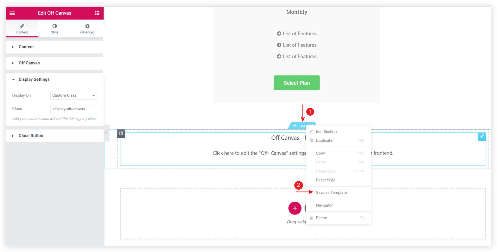 Elementor save off canvas menu as template