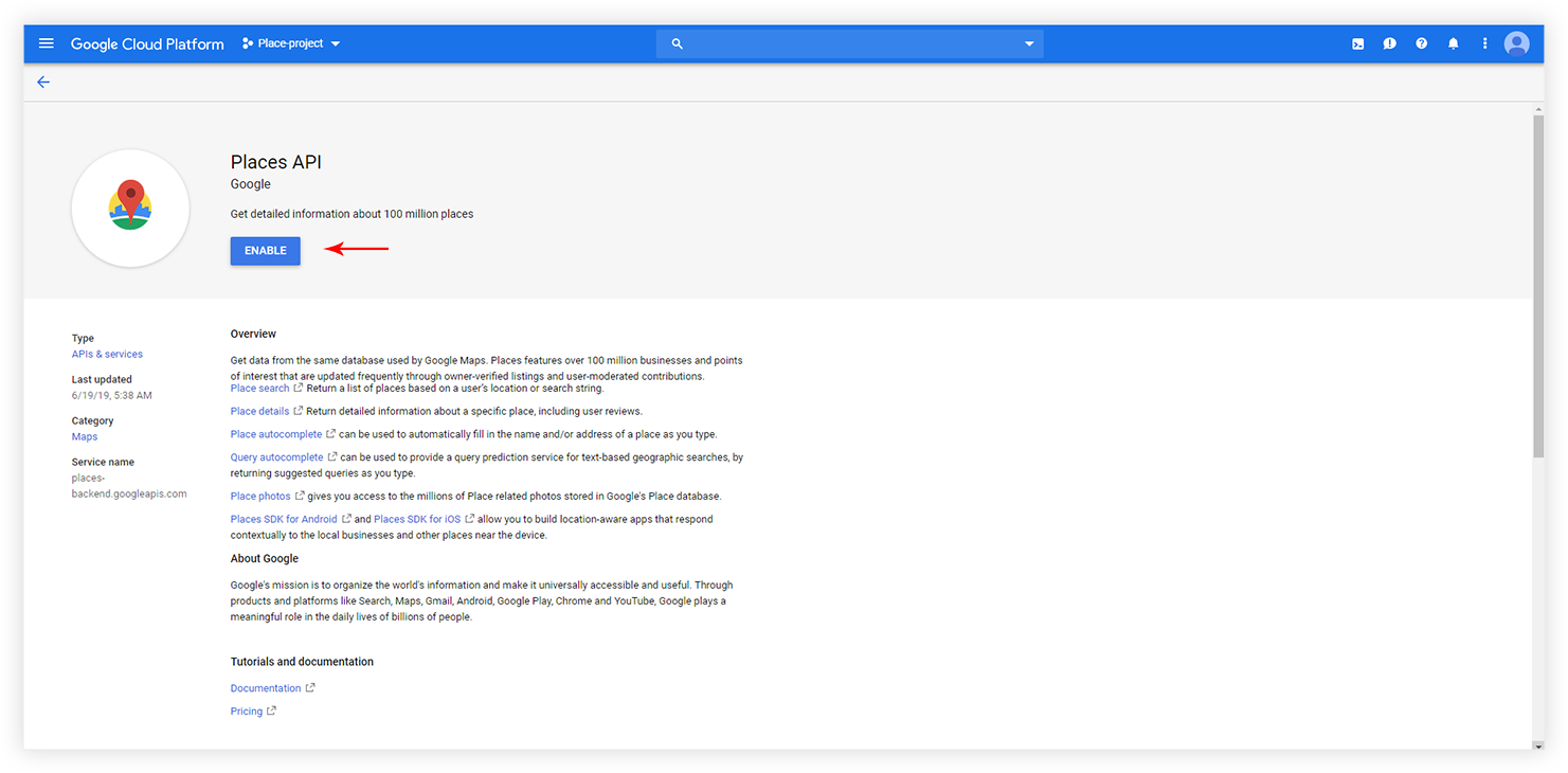 Enable google places API