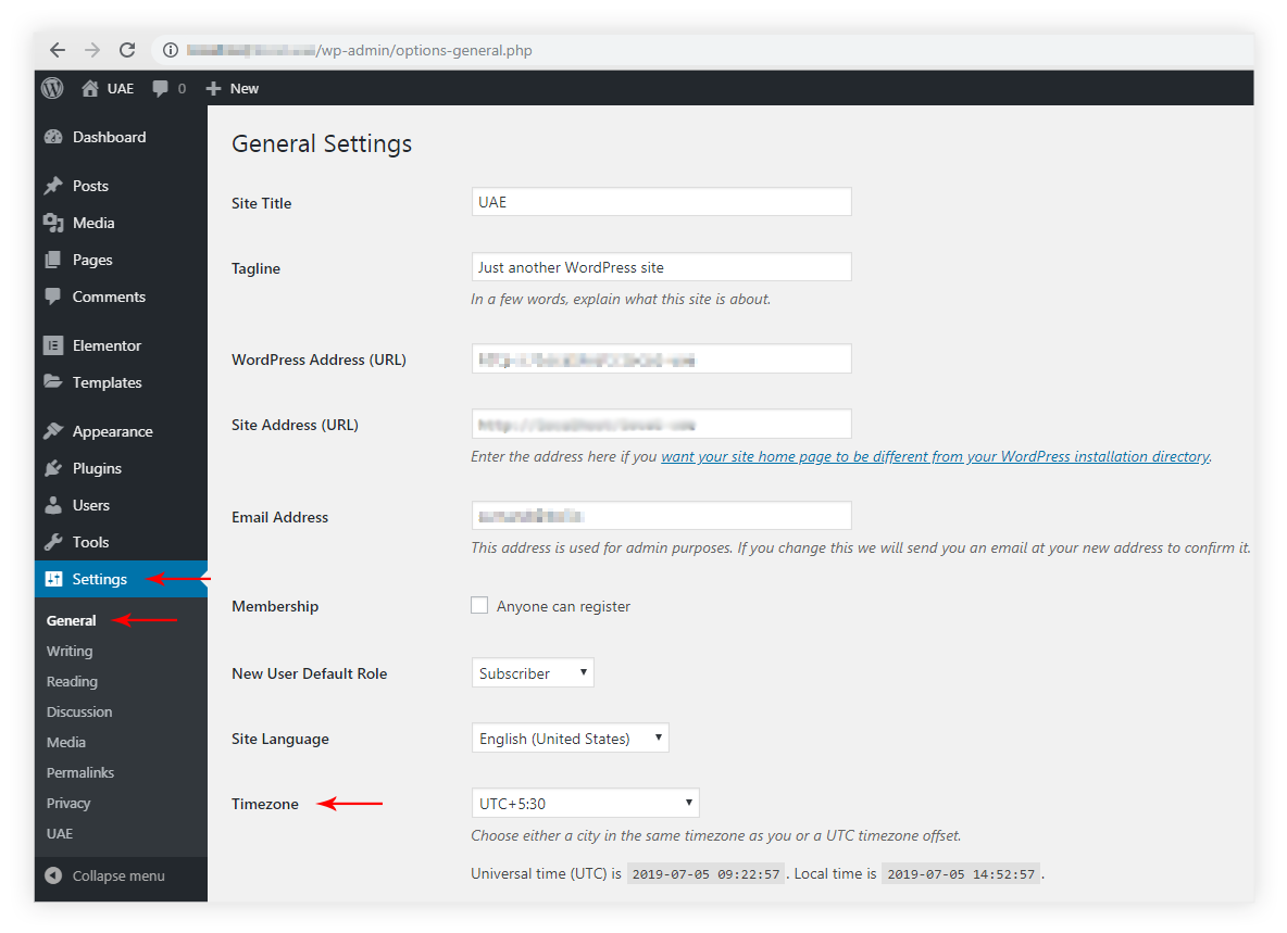 WordPress timezone settings