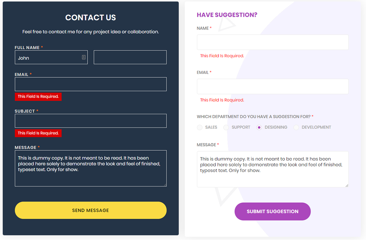 Contact form Error Messages