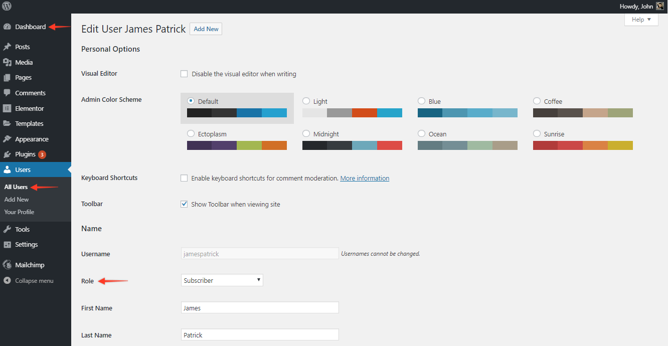 Changing user role in WordPress