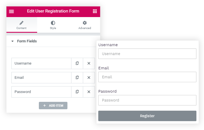 Elementor user registration form widget