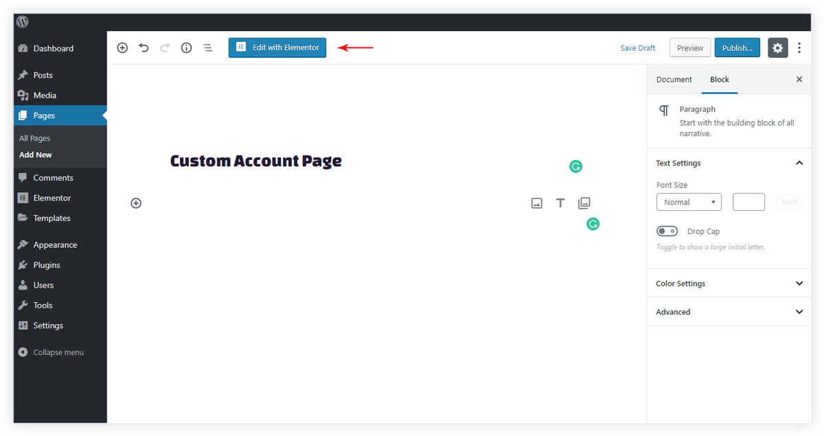 Edit custom account page with Elementor