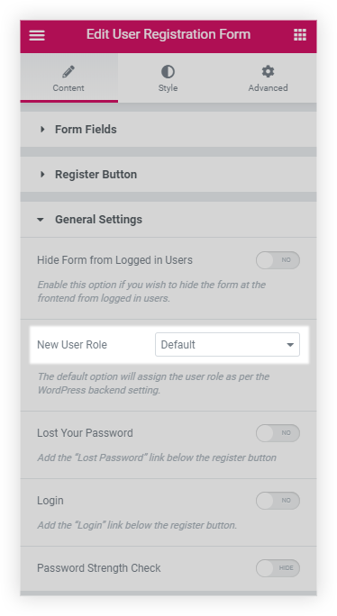 Elementor user registration form widget new user role setting