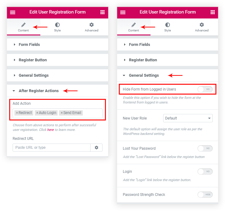 user registration form actions