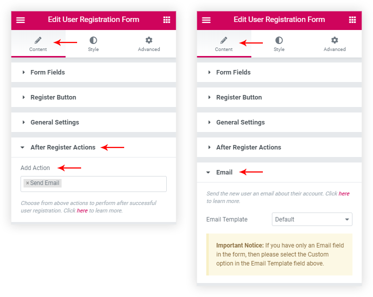 user registration form after registration actions