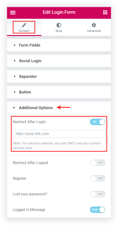 UAE Login Form redirect settings