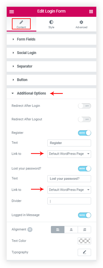 UAE Login Form additional options