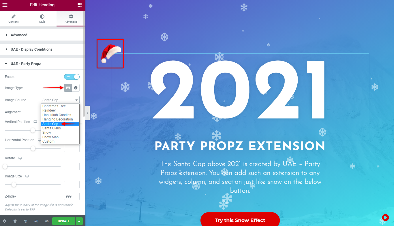Adding santa hat to text in elementor