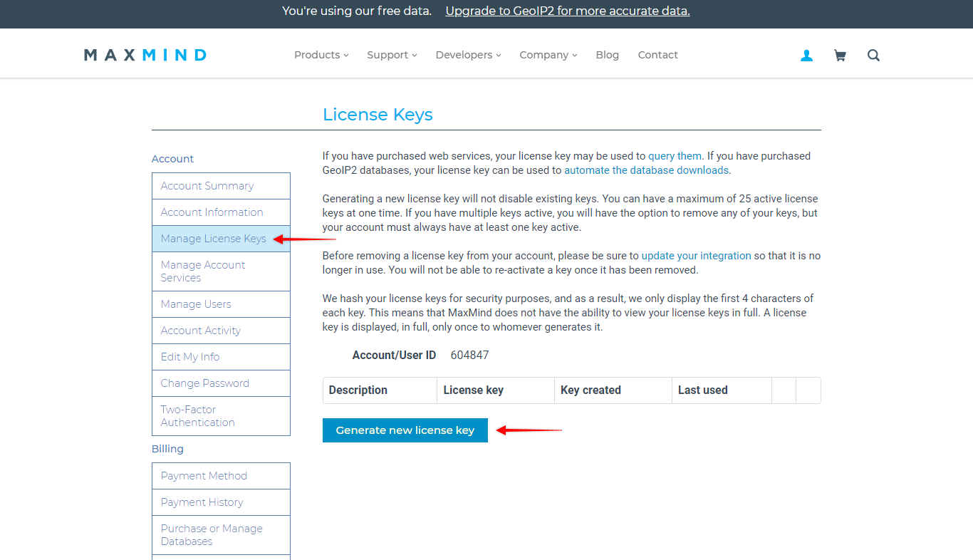 Create MaxMind License Key