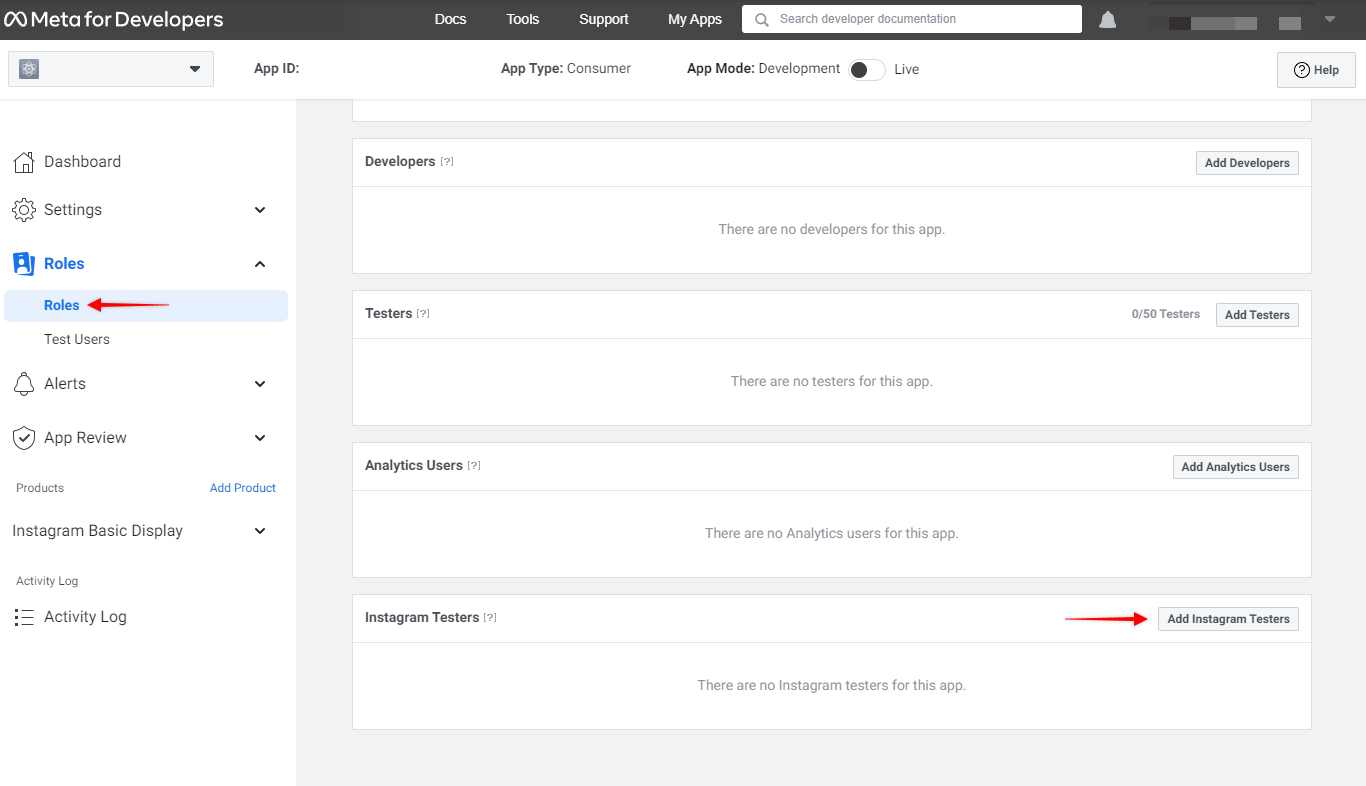 Add Instagram Testers