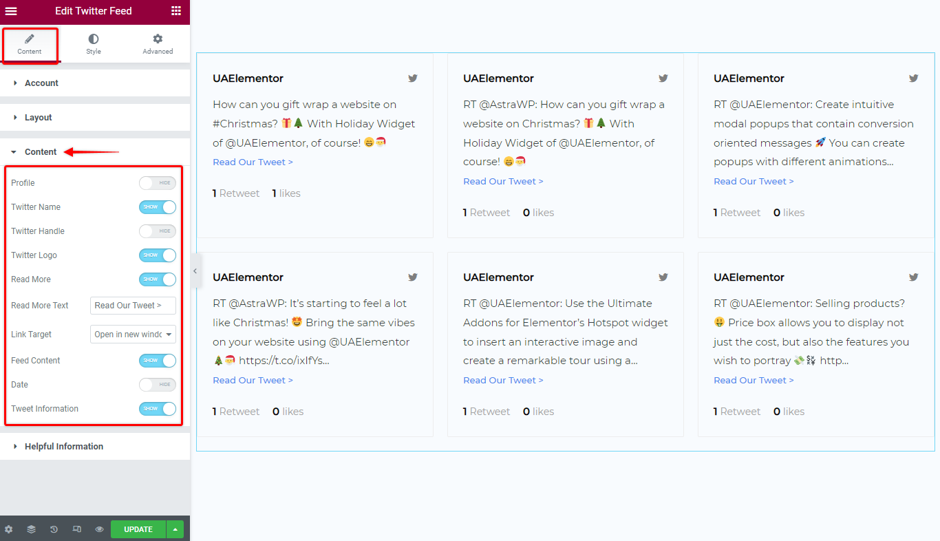 Twitter Feed Widget Content Settings