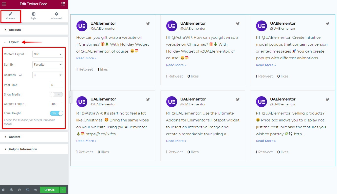 Twitter Feed Widget Layout Settings