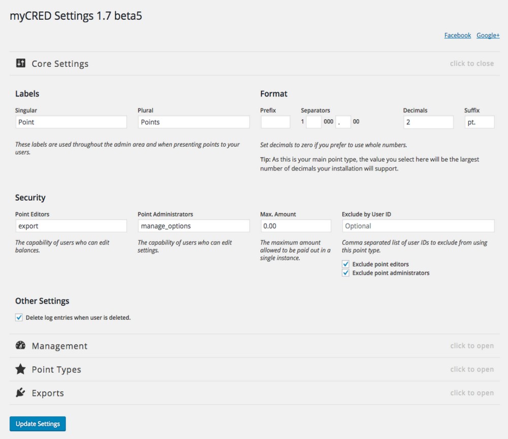 myCred other settings