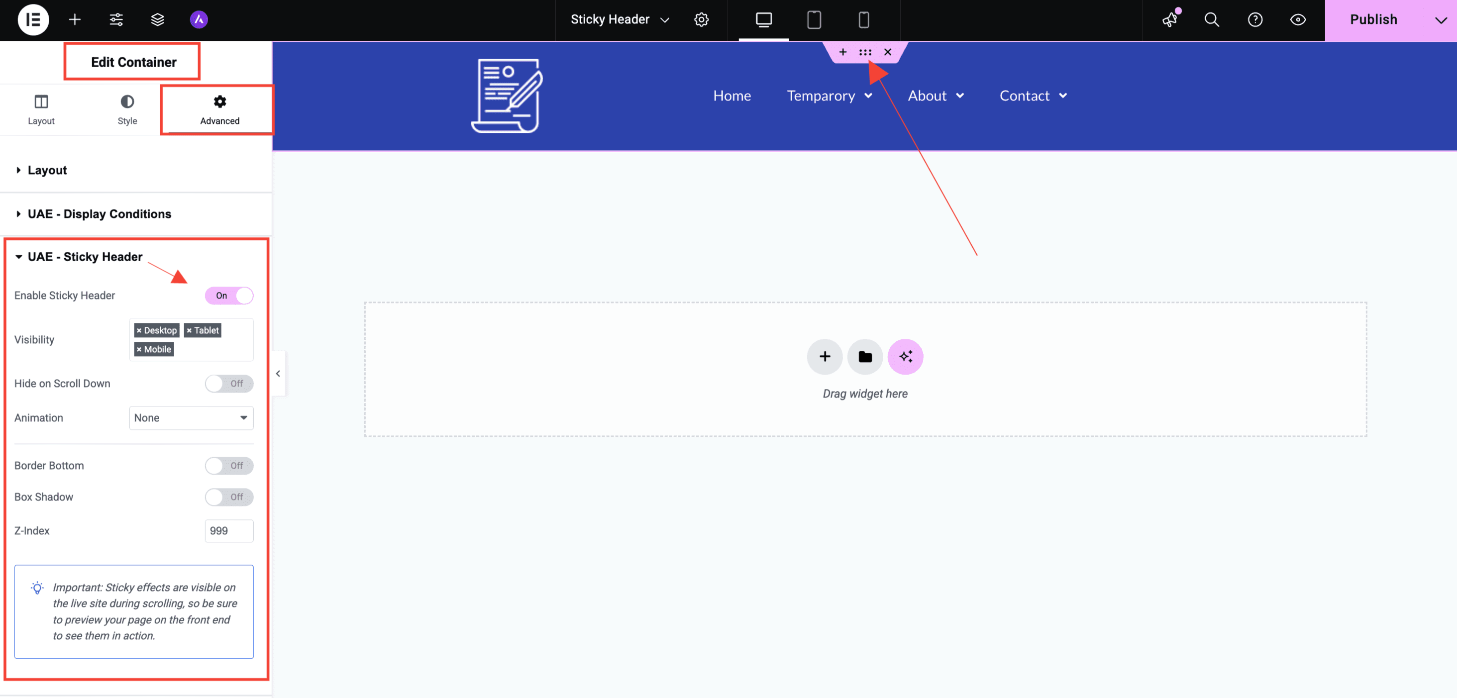enable-sticky-header-sroll-elementor-editor