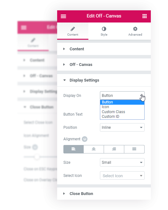 display-options off canvas display settings