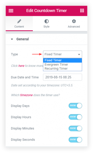 count down timer types ultimate elementor
